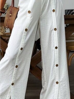 Women's 100% LINEN creamWide-Leg Button-Trim Pants small made in Italy